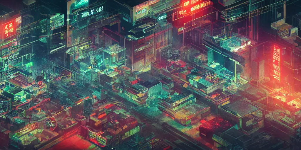 Prompt: isometric room of a room filled with factory exploding at night in the center of a futuristic sci-fi asian city, signboards, neon lights, blade runner color palette, rendered in octane render by Yasunari Ikenaga, Yamato, Macross