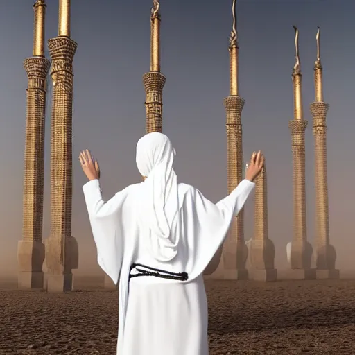 Prompt: bedouin in white abaya with his hands raised towards the sky praying, he is in a mosque, concept art, intricate details, eerie, highly detailed, photorealistic, octane render, 8 k, unreal engine. art by artgerm and greg rutkowski and magali villeneuve and alphonse