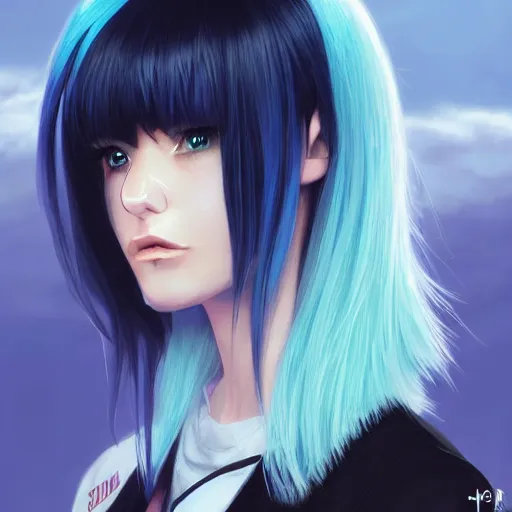 Image similar to profile shot of rimuru tempest, sky blue hair, straight hair, pretty, long bangs, amber eyes, all black jacket with white stripes, high collar, highly detailed, unreal engine 5, color block, digital painting, concept art, cinematic, wlop | artgerm, pixiv, greg rutkowski, ilya kuvshinov, andy warhol