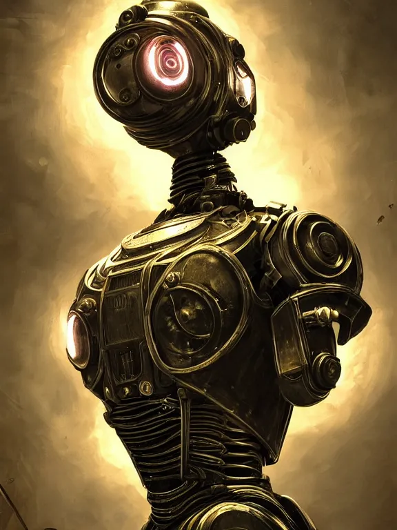 Image similar to portrait of a metallic robot from bioshock infinite, art by ryo shiotani and greg rutkowski, intricate, beautiful, cute, cinematic lighting, vintage art by serge ivanoff, high resolution, very detailed