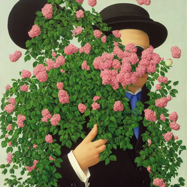 Prompt: portrait of a man, face hidden by beautiful flowers, by rene magritte, detailed painting, hd, hq, high resolution, high detail, 4 k, 8 k