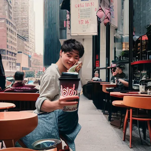 Image similar to a collection of vacation photos of byun baekhyun drinking tea in a cafe in downtown new york, photography, 5 0 mm, kodak film, uhd 8 k, stylistic blur