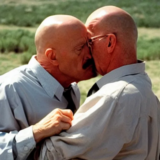 Prompt: Walter White kissing Mike Ehrmantraut