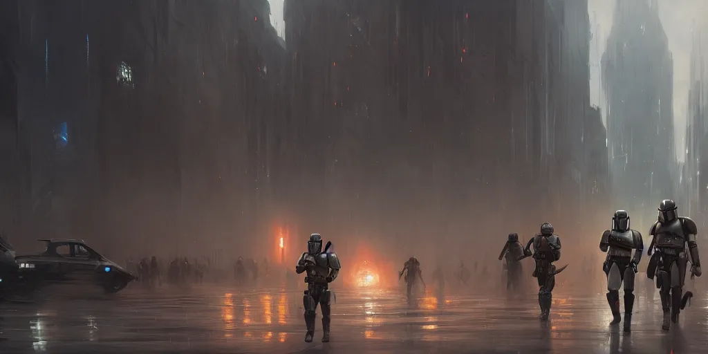 Image similar to a painting of a cinematic keyframe of a star wars mysterious mandalorian walking into a cinematic landscape city, heavy atmosphere and smoke by greg rutkowski, rule of thirds, golden ratio, ambient lighting, wlop, artgerm, artstation, highly detailed masterpiece, dark fantasy art, high detail, trending on artstation