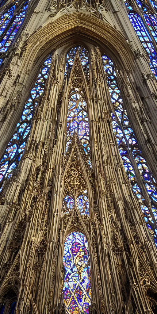 Prompt: photo of : an elaborate ornate gothic cathedral is extremely tall and rises high above the modern skyscrapers and above the clouds all the way to heaven in golden rays of sunlight. the cathedral has stained - glass windows, and has many gargoyles, carvings, and statues. professional architectural photography with many small details ; heavenly, majestic ; glorious ; beautiful.