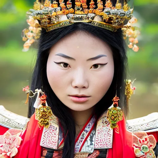 Image similar to A female maiden ancient asian tribal princess, (EOS 5DS R, ISO100, f/8, 1/125, 84mm, postprocessed, crisp face, facial features)