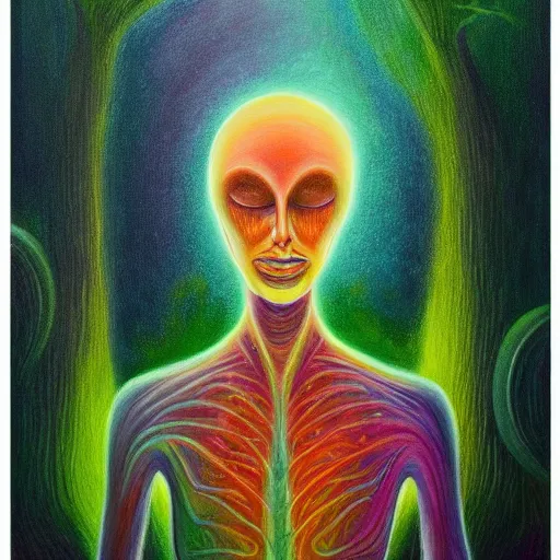 Image similar to painting of a tranquil alien looking up at sky in dense foggy forest by Alex Grey, acrylic art, ethereal, soothing, somber, elegant, warm light, cozy, glows,