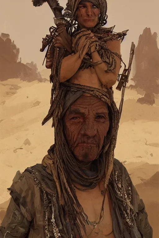 Image similar to a full body portrait of a beautiful post apocalyptic offworld desert bedouin blind retrofuturistic barbarian leper begging by the roadside, intricate, elegant, highly detailed, digital painting, artstation, concept art, smooth, sharp focus, illustration, art by krenz cushart and artem demura and alphonse mucha