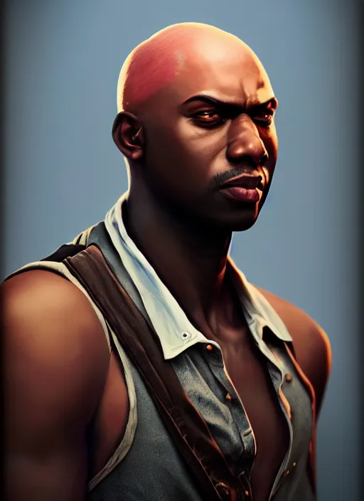 Image similar to An epic fantasy comic book style portrait painting of a young dark skinned thief with broad shoulders and a bald head in a vest, unreal 5, DAZ, hyperrealistic, octane render, cosplay, RPG portrait, dynamic lighting