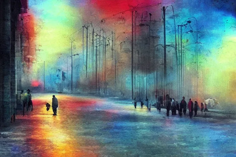 Prompt: amazing landscape painting with moody zealots, crying in the street and unusual colors, random-artist-blend