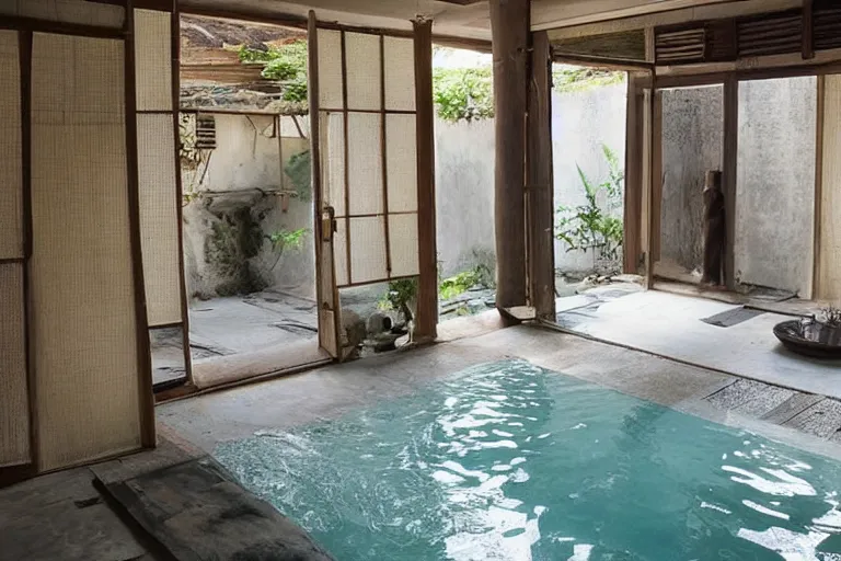 Prompt: a wabi sabi living room with the floor made of water