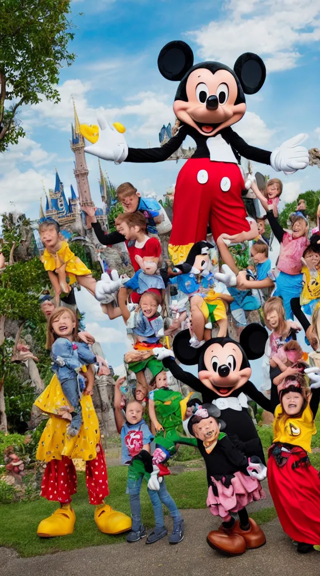 Prompt: giant mickey mouse looming over cowering children, professional photo, hdr