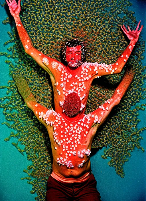 Image similar to realistic photo of a blurred face of a man, covered in shriveling dead coral reef, emitting aura, floating in the air with his arms stretched out on him 1 9 6 0, life magazine photo, natural colors, metropolitan museum, kodak, 8 k, very detailed, high resolution, product photo,