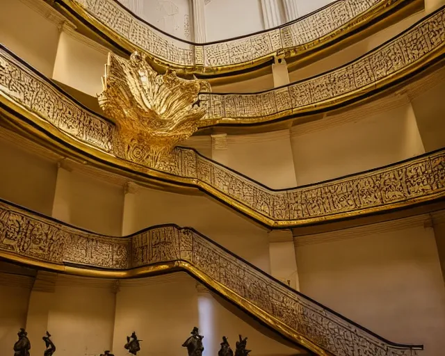 Image similar to city sized clay sculpture in a huge room. golden staircase that ascends towards the moon