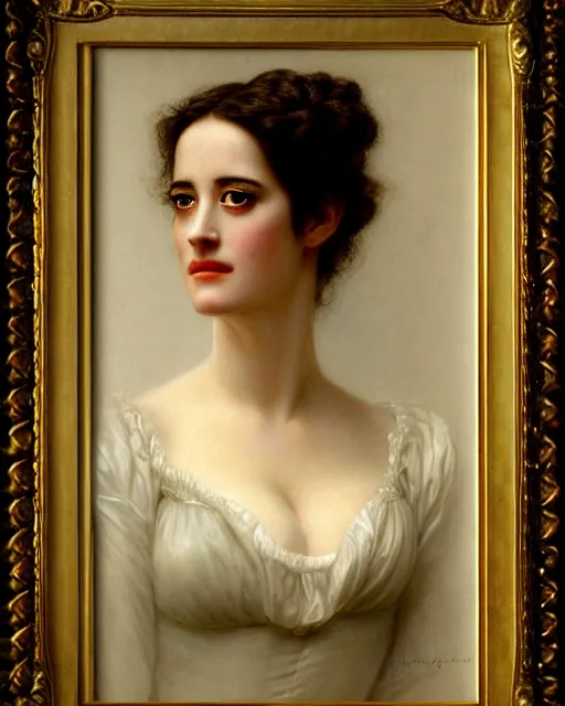 Prompt: movie character portrait en buste of eva green vesper lynd vannessa ives by Hughes Merle, by Pierre Auguste Cot, perfectly detailed eyes, realistic fabric, abundant detail