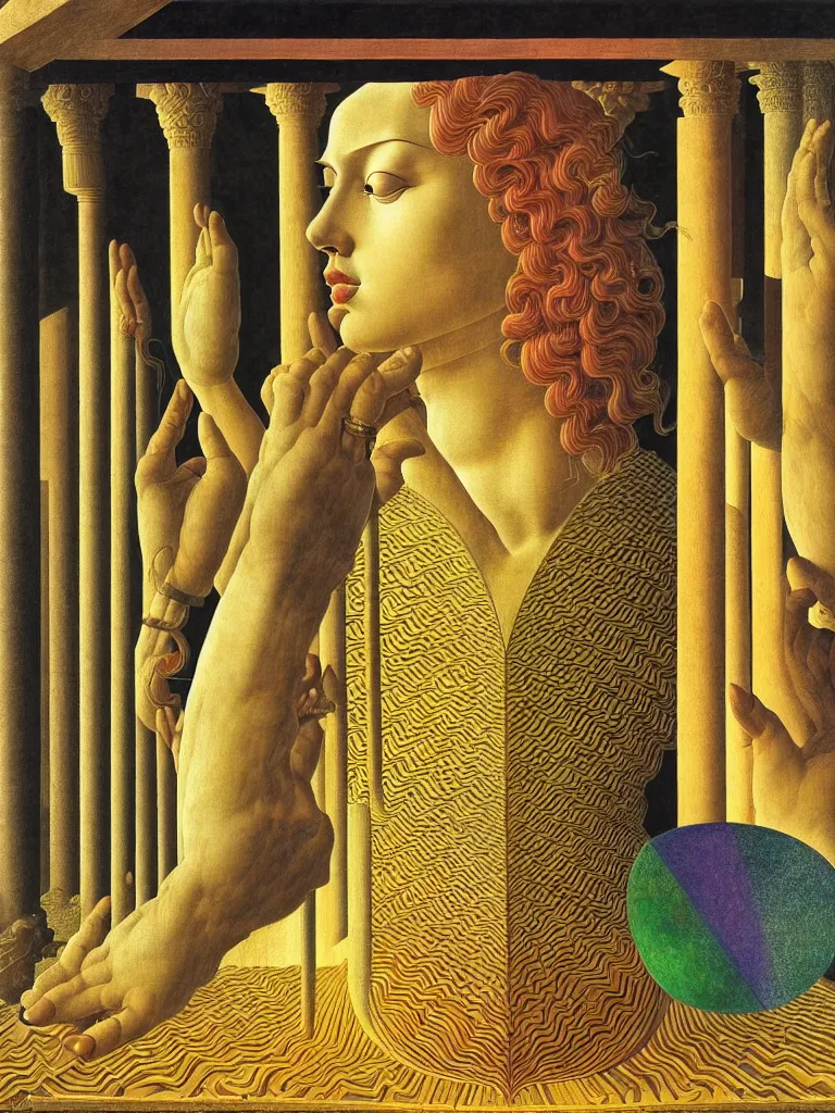 Image similar to hyperrealistic still life portrait of a mind exploding inside of a serene temple, beautiful plans, sacred geometry, light refracting through prisms in a tesseract, by sandro botticelli, botanical print, surrealism, vivid colors, serene, golden ratio, rule of thirds, negative space, minimalist composition