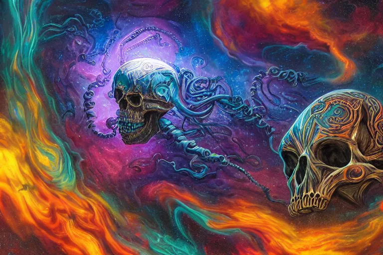 Image similar to a giant skull with deep and intricate rune carvings and glowing eyes with thick lovecraftian tentacles emerging from a space nebula by dan mumford, twirling smoke trail, a twisting vortex of dying galaxies, digital art, photorealistic, vivid colors, highly detailed, intricate