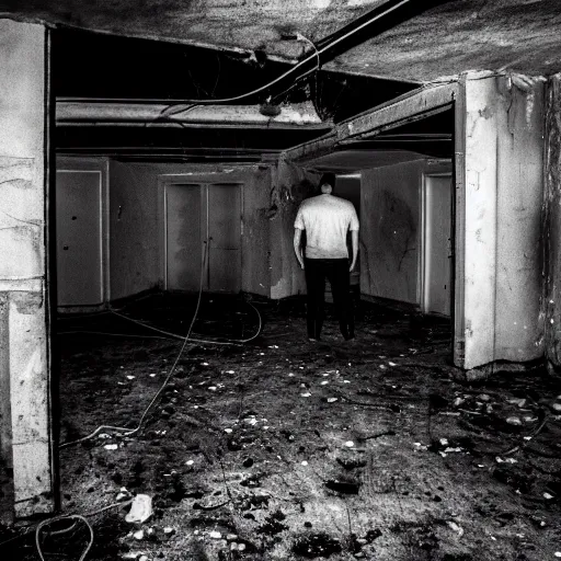 Image similar to two men in black, looking at a black hole in the dark grimy grungy basement of an abandoned apartment block, wires, cables, grainy black and white photography, 2 0 mm lens