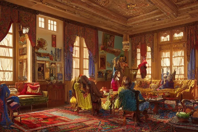 Image similar to a bright bohemian parlor with sunbeams streaming in from tall windows, by Ludwig Deutsch and Evelyn De Morgan and Donato Giancola, floral embroidery, carved wood, oriental carpets,rich color, dramatic cinematic lighting, featured on Artstation, cgsociety, unreal engine