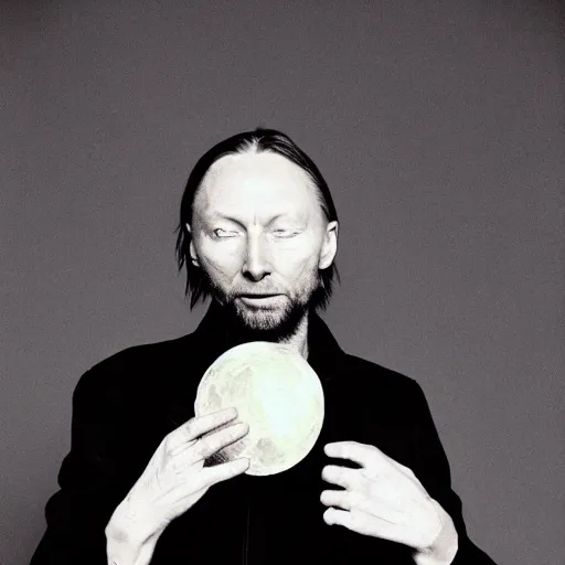 Image similar to old aged Thom Yorke, Radiohead singer Thom Yorke, holding the moon upon a stick, with a beard and a black jacket, a portrait by John E. Berninger, dribble, neo-expressionism, uhd image, studio portrait, 1990s