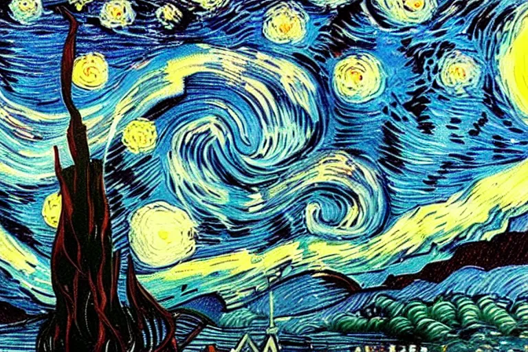 Prompt: man is seeing old god eldritch horror cthulhu terrifying the night sky of a city, epic scene, hyper - detailed, gigantic cthulhu, realistic dark - art painted by van gogh