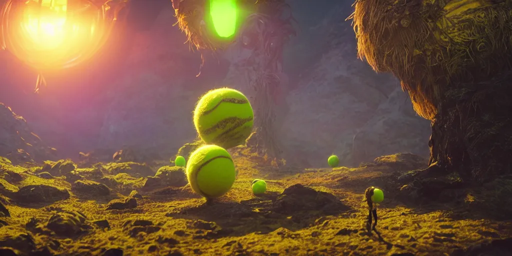 Image similar to a cinematic poster photo of 8 k ultra realistic tennis ball monsters, exotic, cinematic lighting, trending on artstation, 4 k, hyperrealistic, focused, high details, unreal engine 5, cinematic, alien planet atmosphere in background, 3 d render by beeple