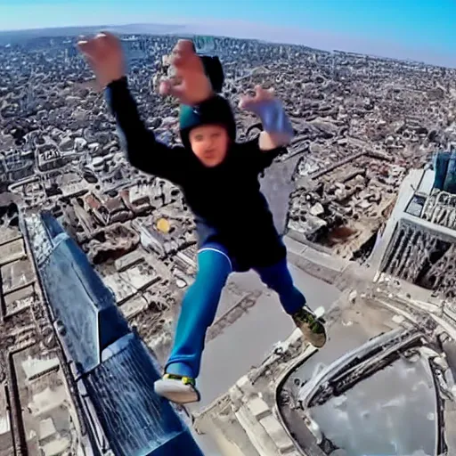 Prompt: GoPro footage of a 12 year old doing parkour in the skycrapers, realistic