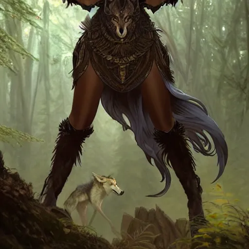 Image similar to long shot photo of a humanoid female she - wolf with wolf head were a heroic dress an armour in the forest, long hair, highly detailed, digital painting, artstation, smooth, sharp focus, illustration, art by artgerm and greg rutkowski and alphonse mucha