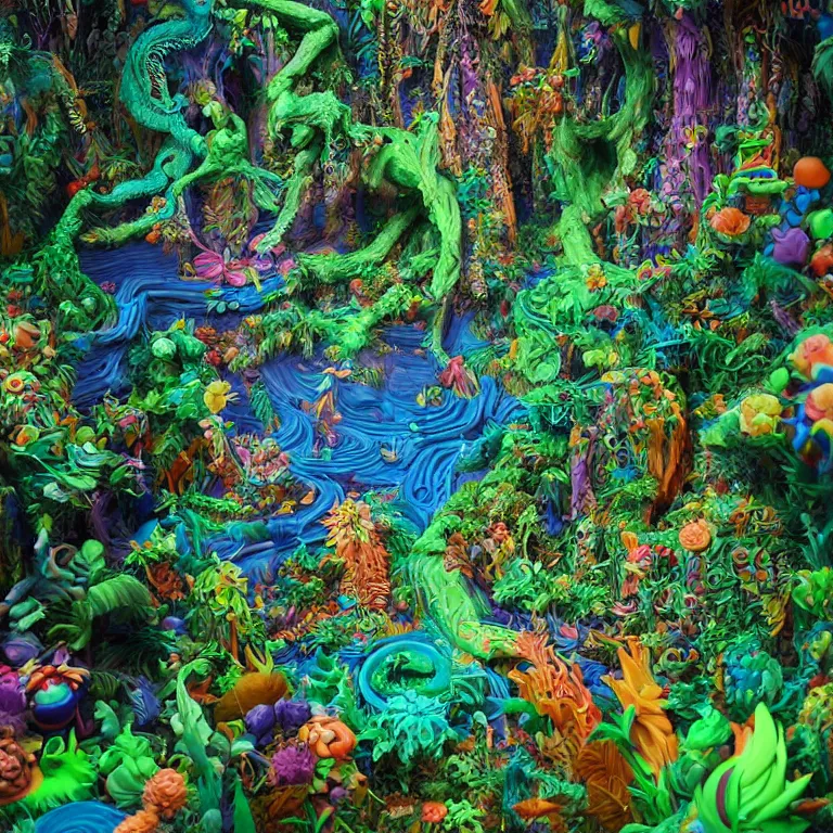 Prompt: plasticine sculpture of the amazon forest, psychedelic, highly detailed, vibrant, by ross tran and james jean