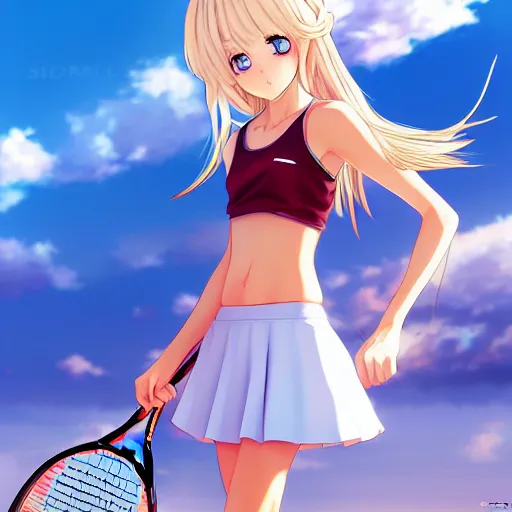 Prompt: a very beautiful young anime tennis girl, very angry, full body, long wavy blond hair, sky blue eyes, full round face, short smile, bikini, miniskirt, highly detailed, cinematic wallpaper by stanley artgerm lau