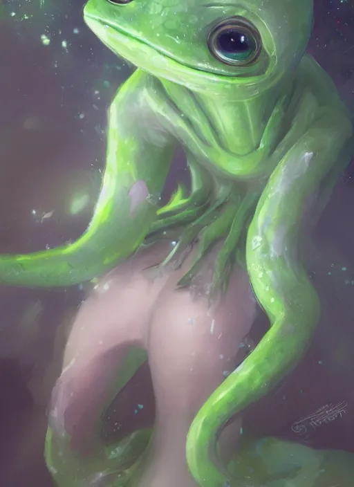 Image similar to portrait of my ethereal waifu cute innocent green slimy alien creature with adorable uwu eyes painted by greg rutkowski, wlop,,