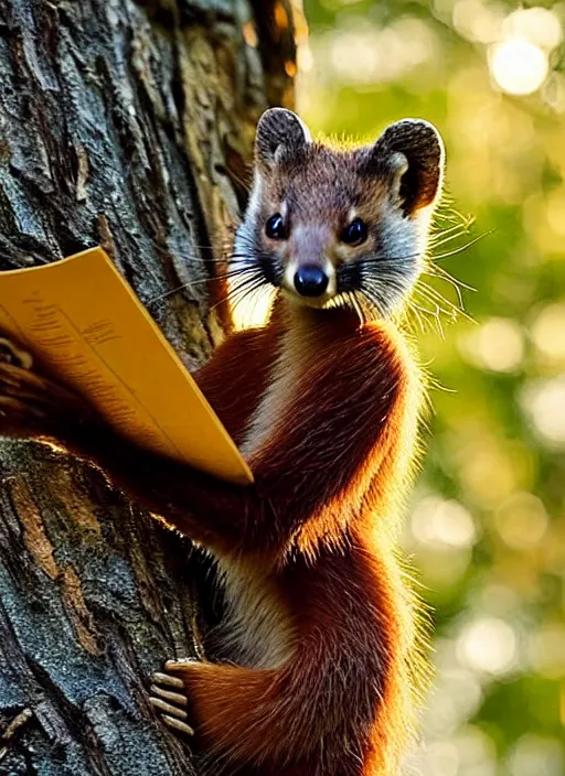 Image similar to a beautiful scene from a 2 0 2 2 fantasy film featuring a humanoid pine marten with golden eyes wearing a loose white tunic reading on a couch. an anthropomorphic pine marten. golden hour.