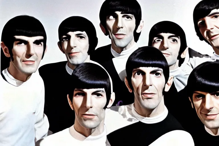 Prompt: leonard nimoy as mr spock with the beatles, color photograph, 1 9 6 0 s
