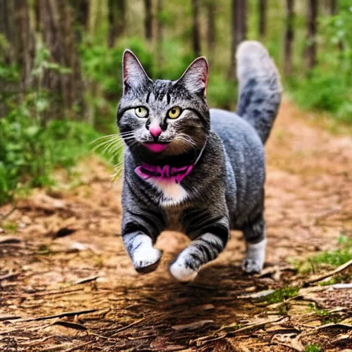 Image similar to a cat with the face of a dog, running in the woods, photo