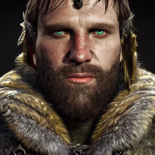 Image similar to hyperrealistic mixed media image of jarl from skyrim, stunning 3 d render inspired art by greg rutkowski and xiang duan and thomas eakes, perfect facial symmetry, flesh texture, realistic, highly detailed attributes and atmosphere, dim volumetric cinematic lighting, 8 k octane detailed render, post - processing, masterpiece,