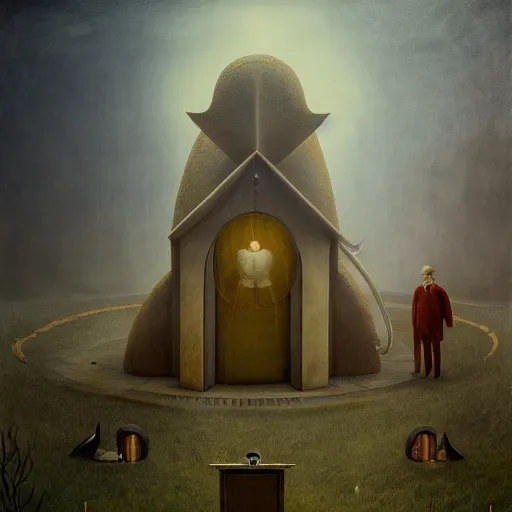 Image similar to eyeless watcher, dutiful return, golden age seraph bunkers, art by Leonora Carrington and Alexander Jansson, high detail, cinematic, cgsociety 8k