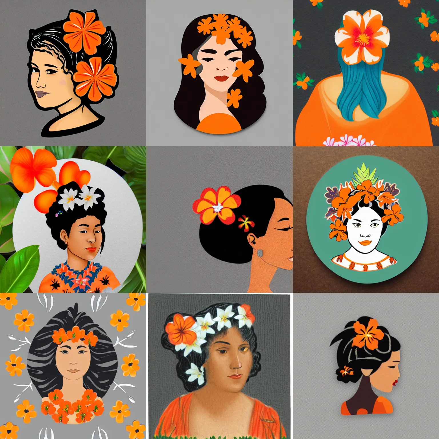 Prompt: catroon sticker of hawaiian woman with orange flower in her hair with white border on gray background