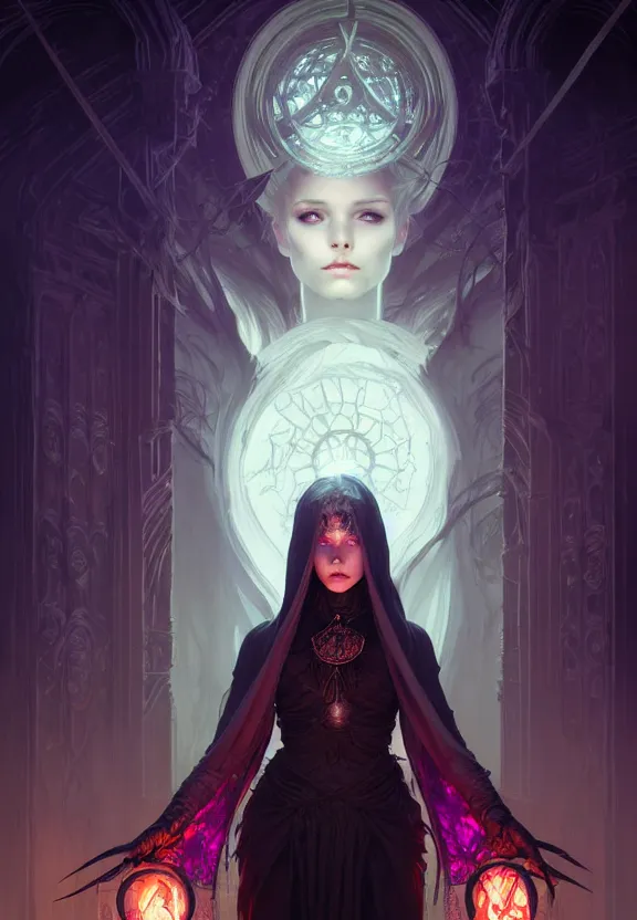 Image similar to Necromancer Sorceress in center, fantasy magic, undercut hairstyle, dark light night, intricate, elegant, sharp focus, illustration, highly detailed, digital painting, concept art, matte, art by WLOP and Artgerm and Greg Rutkowski and Alphonse Mucha, masterpiece