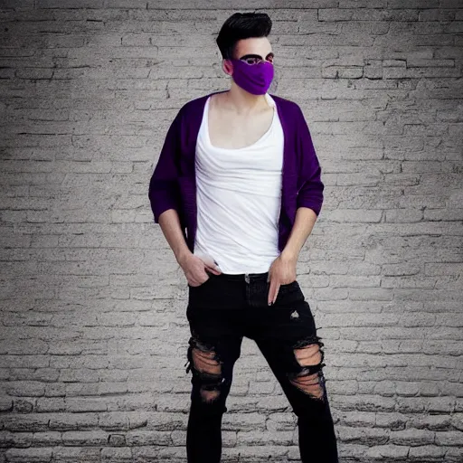 Image similar to professional digital art of a full-body view of a stylish young adult man with short hair wearing a black face mask, a striped long-sleeved shirt, and ripped jeans, high quality, HD, 8K, highly detailed, award-winning, dark purple clouds