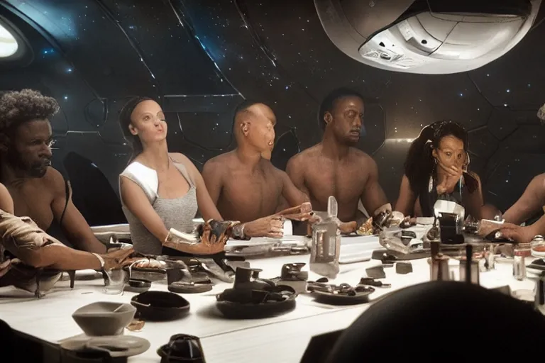 Image similar to movie diverse interracial team of European sci-fi futuristic space explorers talking at the table in a spaceship, beautiful skin, Symmetrical faces. Beautiful lighting by Emmanuel Lubezki