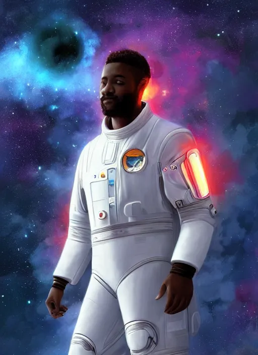 Prompt: handsome black man in an advanced spacesuit in front of exploding nebulae halos, digital illustration trending on artstation by artgerm and rutkowski