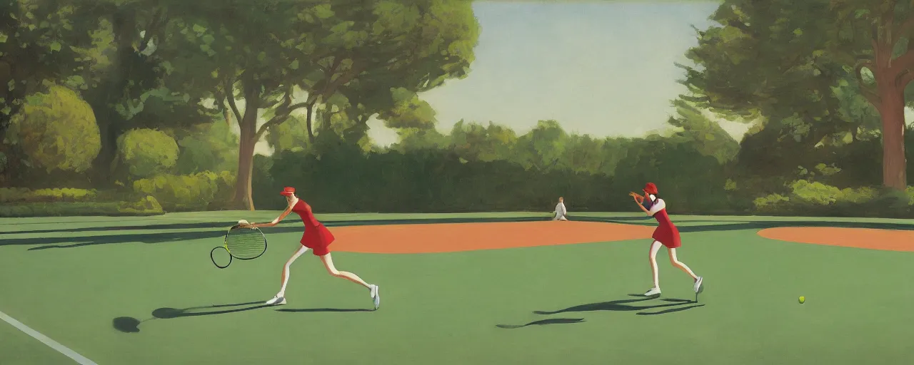 Prompt: a pickle playing tennis in a botanic garden by Edward Hopper and James Gilleard