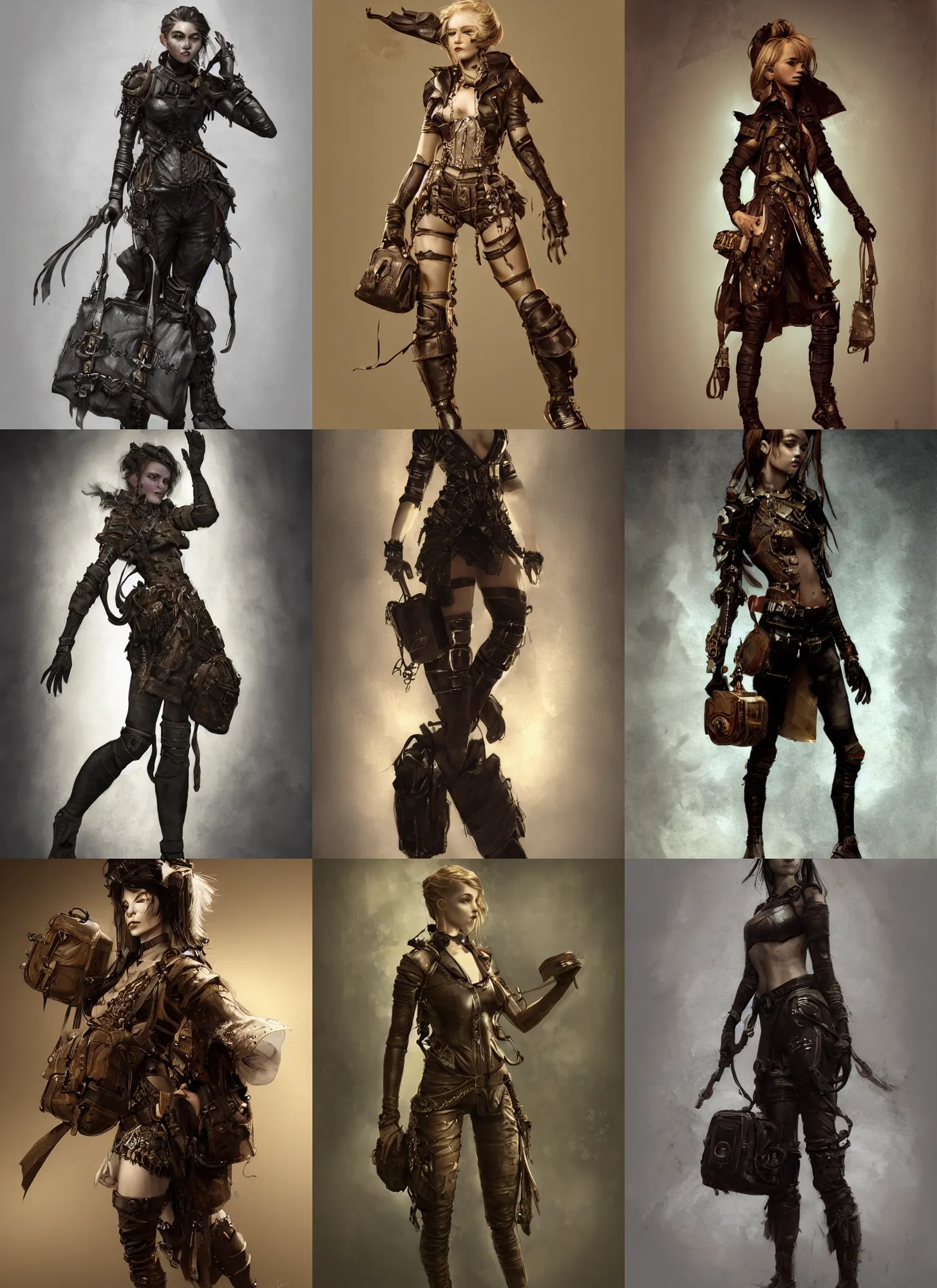 Prompt: character front view of a young woman wearing a leather outfit with straps and padding and satchels and bags and holsters and decorations,!!! haute couture!!!, elaborate, intricate, in the style of craig mullins and jeremy mann and ashley wood, dramatic lighting, octane render, character concept, fashion shoot, sharp focus