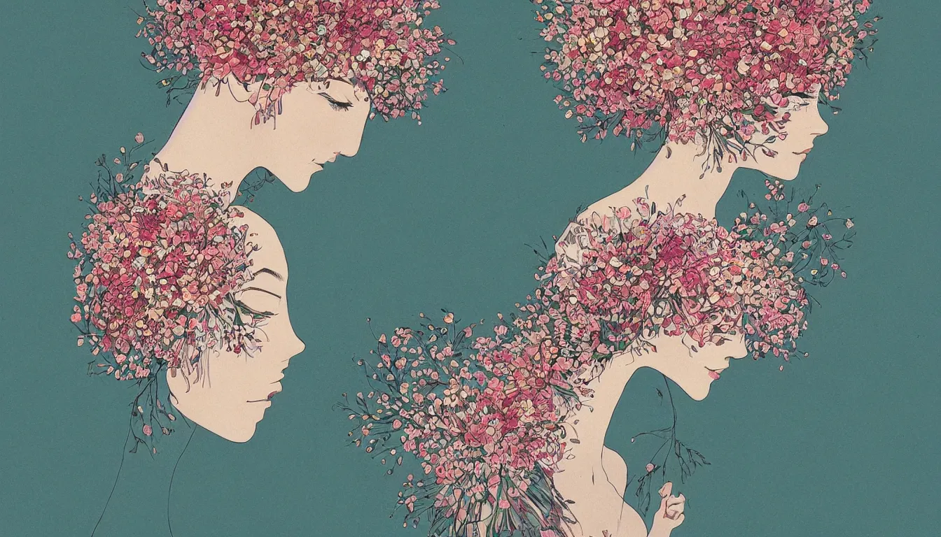 Image similar to beautiful woman with a head made from a bouquet of flowers by victo ngai