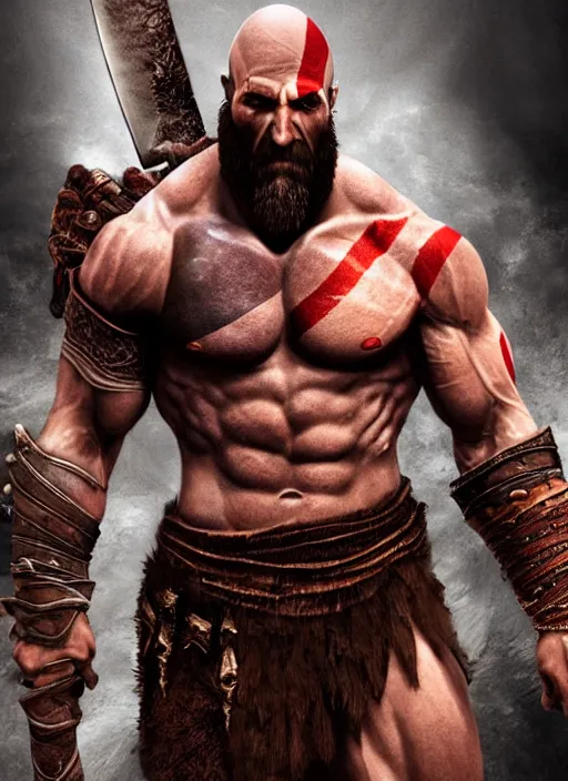 Image similar to film still from god of war, 3 d model, a highly detailed beautiful closeup photo of dwayne johnson kratos hybrid god of war holding a sword and fighting zombies on a pile of human skulls, spartan warrior, olympian god, muscular!,, action pose, ambient lighting, volumetric lighting, octane, fantasy