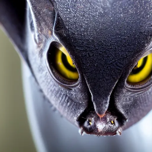 Prompt: close up of face of scary giant mutant navy-blue pygmy-bat 85mm f/1.4