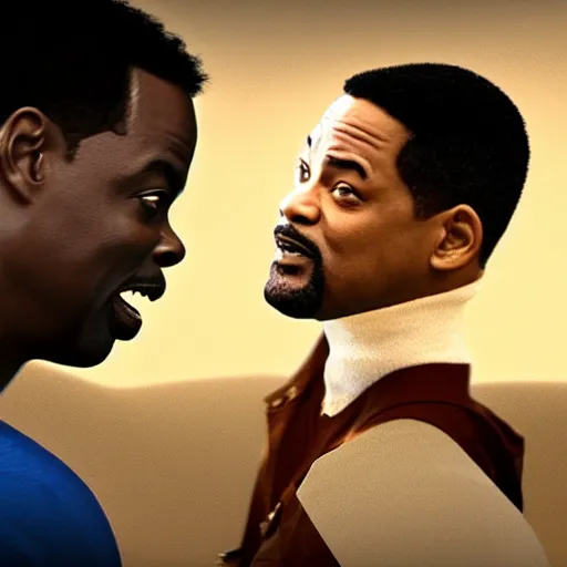 Prompt: chris rock is fighting with will smith on his face, shadow harsh lights, dramatic scene, hyper detailed, digital art, trending in artstation, cinematic lighting, studio quality, smooth render, unreal engine 5 rendered, octane rendered, ligh rim