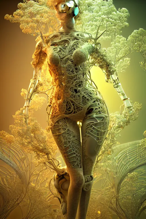 Image similar to intricate hyper detailed ultra sharp 3 d render, unity of mood, biomechanical cyborg ladies dancing, atmospheric, foliage, white large pore fungi, cyberpunk art nouveau, haute couture alexander mcqueen leaves stems colorful dahlias blooming transparent fractal filigree roots, intricate details, octane render, volumetric cinematic lighting, natural beautiful light, yellow infrared, lumiol, 8 k,