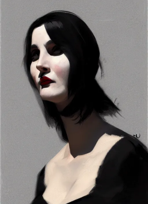 Image similar to portrait of a round faced woman with a crooked nose and a confident expression, 1 9 6 0 s, black clothes, goth, punk, funk, intricate, elegant, highly detailed, digital painting, artstation, concept art, smooth, sharp focus, illustration, art by wlop, mars ravelo and greg rutkowski