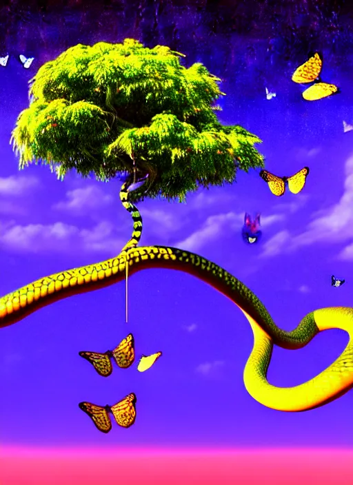 Prompt: 3 d render apple tree with a snake slithering in the branches against a psychedelic surreal background with 3 d butterflies and 3 d flowers n the style of 1 9 9 0's cg graphics against the cloudy night sky, lsd dream emulator psx, 3 d rendered y 2 k aesthetic by ichiro tanida, 3 do magazine, wide shot